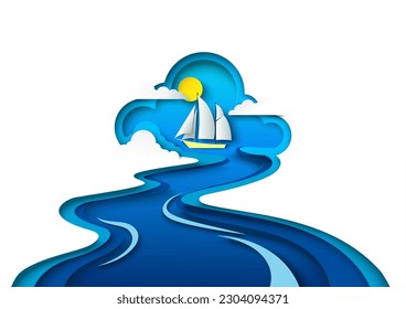 Romantic sea voyage on sailboat vector illustration in papercut style. Sail boat floating in ocean water waves background. Travel holiday summer adventure concept