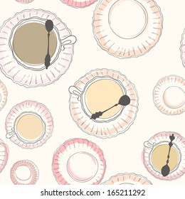 Romantic seamless background with coffee cups on plates and teaspoons. Perfect texture for every design.