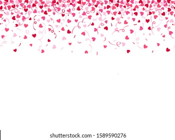 Romantic seamless background with falling confetti hearts and serpentine. Cute heart border with space for text. Valentine's day background.