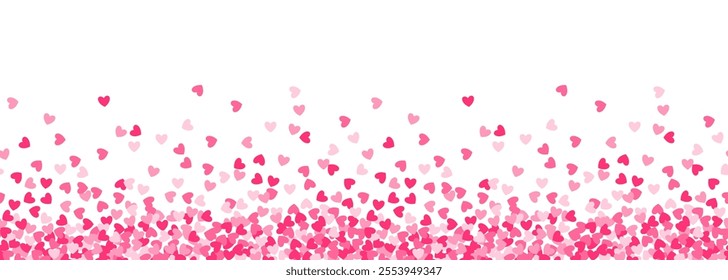 Romantic seamless background with falling confetti hearts. Cute hearts horizontal border with space for text. Valentine's Day background.