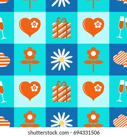 Romantic seamless background, heart, gift, glasses, flower, Daisy, vector