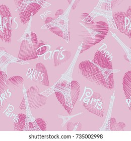 Romantic Seamless background with symbols of Paris - Eiffel Tower.