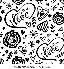 Romantic seamless black and white pattern with hand-drawn hearts, roses. I love you hand lettering.  Can be used for wrapping paper, textile, wedding invitation. Valentine's Day vector illustration.