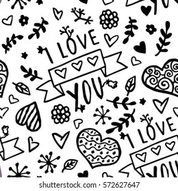 Romantic seamless black and white pattern with hand-drawn hearts, plants, flowers. I love you hand lettering. For wrapping paper, textile, wedding invitation. Valentine's Day vector illustration.