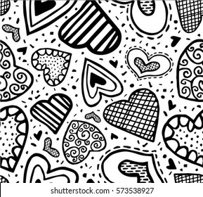Romantic seamless black and white pattern with hand-drawn hearts and spiral elements. Can be used for wrapping paper, package, textile, wedding invitation. Valentine's Day vector illustration.