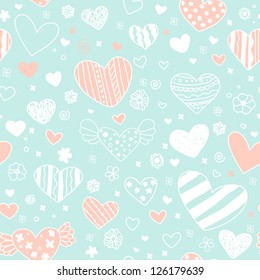 Romantic seamless blue pattern with decorative hearts, flowers and spiral elements. Template for design wrapping paper, package, backgrounds, textile