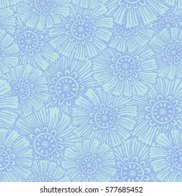 Romantic seamless blue pattern with hand-drawn doodle flowers. Can be used for background, wrapping paper, package, textile, wedding invitation or card for Valentine's Day. Vector illustration.
