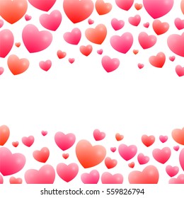 Romantic seamless borders of hearts of different sizes and several shades of red on a white background. Isolated. Valentine's Day. Holiday greetings. Vector illustration.