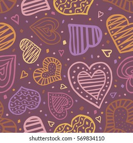Romantic seamless chocolate violet pattern with hand-drawn hearts and stripes. Can be used for wrapping paper, package, textile, wedding invitation. Valentine's Day vector illustration.