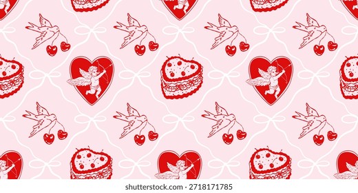 Romantic seamless Valentine’s Day pattern with cupid angels inside hearts, cakes, bows, bird with cherries. Red and pink hand drawn illustration in retro style for wrapping paper, textile
