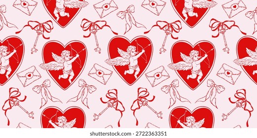 Romantisches, nahtloses Valentinstag-Muster mit kupferfarbenen Engeln in Herzen, Liebesbriefen, Schleifen und Vintage-Schlüsseln. Rote und rosafarbene handgezeichnete Illustration im Retro-Stil zum Einwickeln von Papier, Textilien