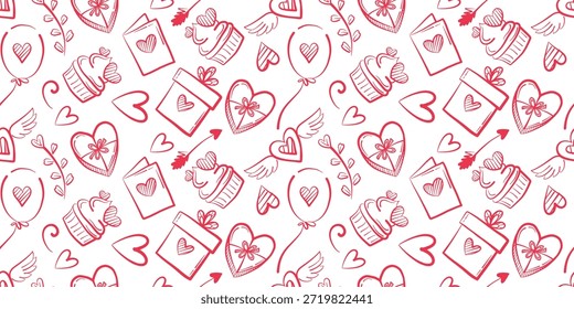 Romantic seamless doodle pattern with hearts, gifts, flowers, sweets, balloons and cupid arrows in red on white background. Perfect for Valentines Day textile, packaging and decor