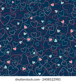 Romántico interminable interminable decorativo de la línea del doodle de los elementos del corazón patrón de fondo vectorial para la invitación del día de San Valentín, textil, envasado, tarjeta, cartón, papel de pared de banner diseño gráfico
