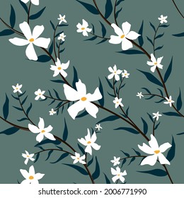 Romantic seamless floral background. White flowers on a green background