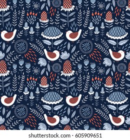 Romantic seamless floral pattern. Birds and flowers