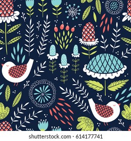 Romantic seamless floral pattern. Birds and flowers