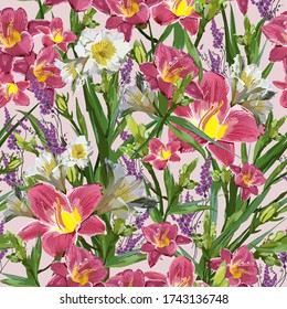 Patrón floral romántico sin fisuras con lirios rosados y blancos, y hierbas silvestres. Imagen vectorial con elementos vegetales. Las flores, hojas y tallos se encuentran en un fondo claro