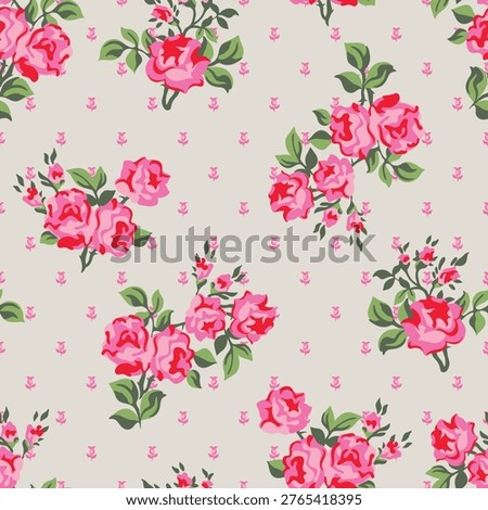 Romantic seamless floral pattern with red and pink roses on light background, for textile print for fabric, seamless pattern