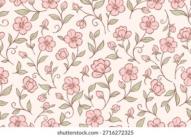A romantic seamless floral pattern with soft pink blossoms and green leaves on a light cream background, featuring delicate hand-drawn lines and a vintage charm.