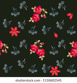 Romantic seamless floral pattern with stylized umbrella flowers, red roses and lilies isolated on black background in vector. Print for fabric. Wrapping design. 