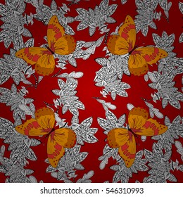 Romantic seamless floral pattern. White doodles. Butterfly. Radial gradient shape.