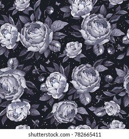 Romantic seamless flower background. Elegant retro pattern with peonies flowers