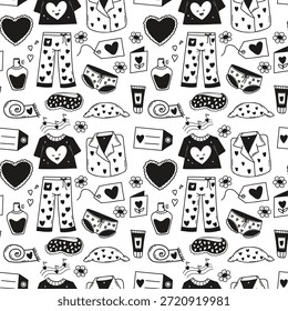 Romantic Seamless Loungewear and Accessories Pattern. Valentine Pajamas, Lingerie, Cozy Home Items and Heart Love Symbol. Repeating Black Doodle on White Background. Vector Illustration. Not AI