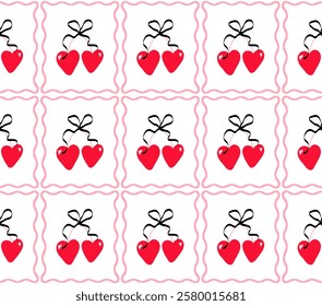 Romantic seamless mosaic pattern with heart cherry and ribbon bows. Lovely background for birthday greeting card, wedding invitation, poster, wrapping cover, banner, sticker. Fabric textile print.