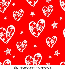 Romantic seamless pattern. Abstract red and white wallpaper. Set of hearts and sketch stars elements. Valentine's day. Love repeated backdrop for girl, textile, clothes, wrapping paper. 