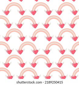 Romantic seamless pattern. Background with rainbows and hearts for valentine's day.