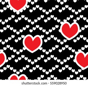 Romantic seamless pattern, big and small red and white hearts and zigzag lines, beautiful wrapping paper for appealing gifts, eps10 vector