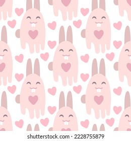 Romantic seamless pattern with big teeth hares and hearts. Vintage style print for T-shirt, textile, fabric, paper. Hand drawn vector illustration for decor and design.



