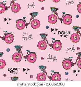 Romantic seamless pattern with bike with donut wheels. Cute vector pattern for girls, textiles, wrapping paper, fashion, and more.