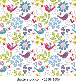 Romantic seamless pattern. Birds, flowers and hearts