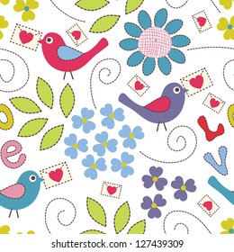 Romantic seamless pattern. Birds, flowers and hearts