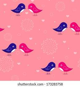 Romantic seamless pattern. Birds, flowers and hearts