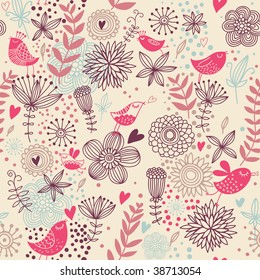 Patrón romántico sin fisuras. Aves con flores