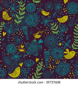 Romantic seamless pattern. Birds in flowers