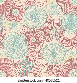 Romantic seamless pattern. Birds in flowers