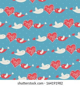 Romantic seamless pattern with birds and hearts. Vector illustration. 