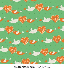 Romantic seamless pattern with birds and hearts. Vector illustration. 
