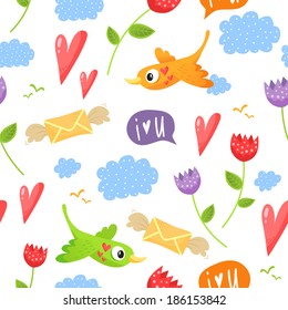 Romantic seamless pattern with birds, hearts, flowers, clouds, speech bubbles and envelopes on white background