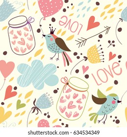 Romantic seamless pattern with birds, jars with hearts, clouds and flowers.