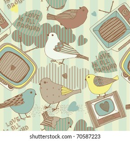 romantic seamless pattern with birds and retro tv