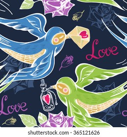 Romantic seamless pattern with birds and roses. Valentine's Day print design.