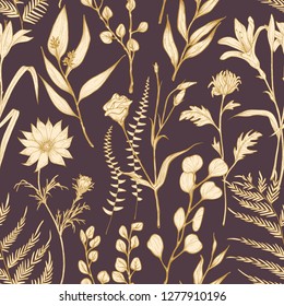 Romantic seamless pattern with blooming garden flowers hand drawn on dark background. Natural spring backdrop with elegant wild plants. Botanical vector illustration for wrapping paper, fabric print.