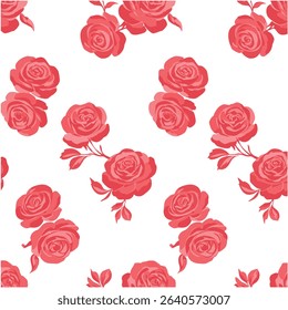Romantic Seamless Pattern of Blooming Red Roses with Green Stems