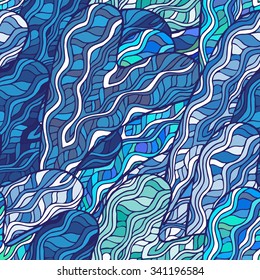 Romantic seamless pattern with blue hearts designed in sea wave style. Great for Saint Valentine's Day cards and holiday design.