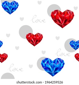 Romantic seamless pattern with blue and red crystal hearts, grey circles and love lettering. Heart shaped colored diamonds in polygonal style in white background.