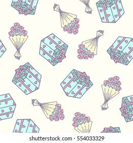Romantic seamless pattern with bouquet of roses and presents.